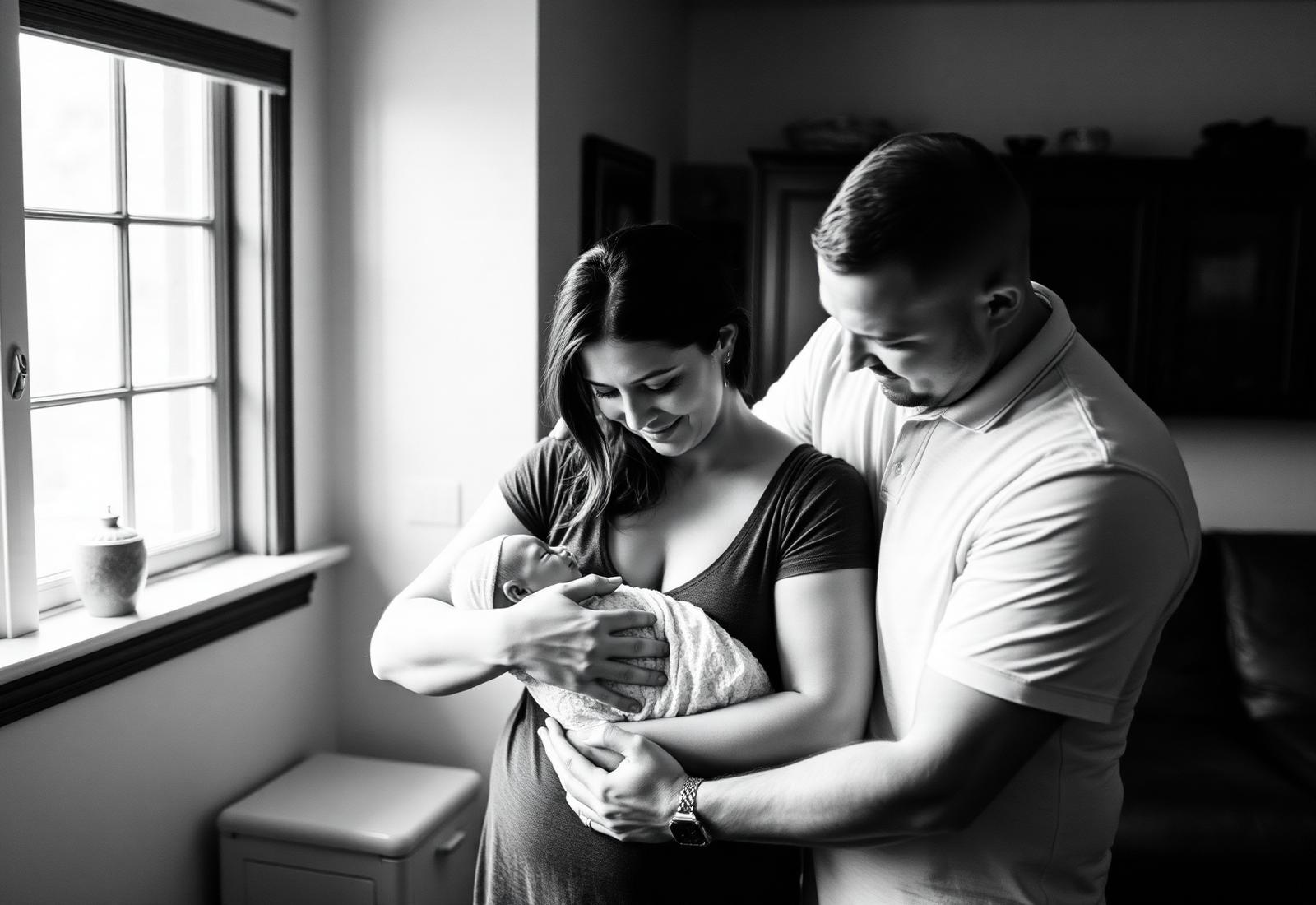 B/W · couple holding newborn