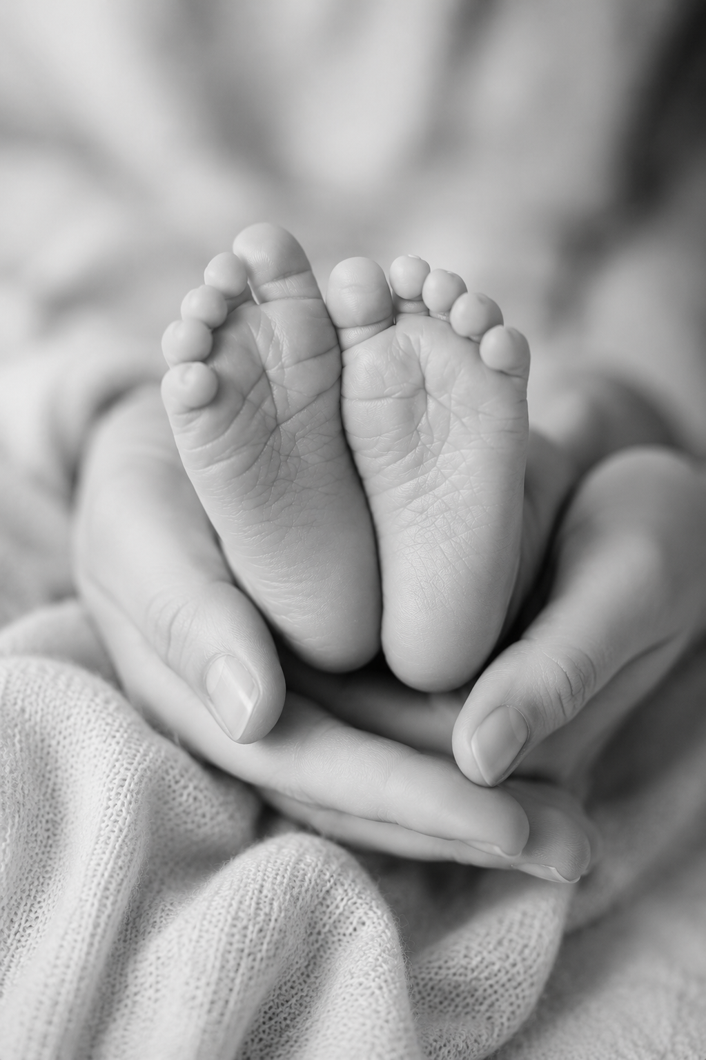 B/W · newborn feet in hands
